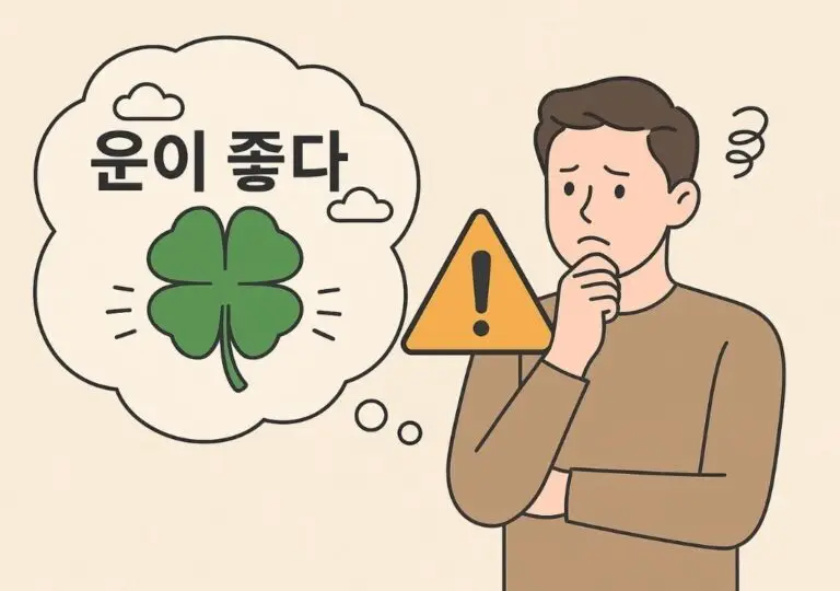 네잎클로버를 떠올리며 ‘운이 좋다’고 생각하는 인물이 경고표시와 함께 고민하는 모습을 그린 일러스트로, 하우스 엣지의 착각과 도박 심리를 상징적으로 표현