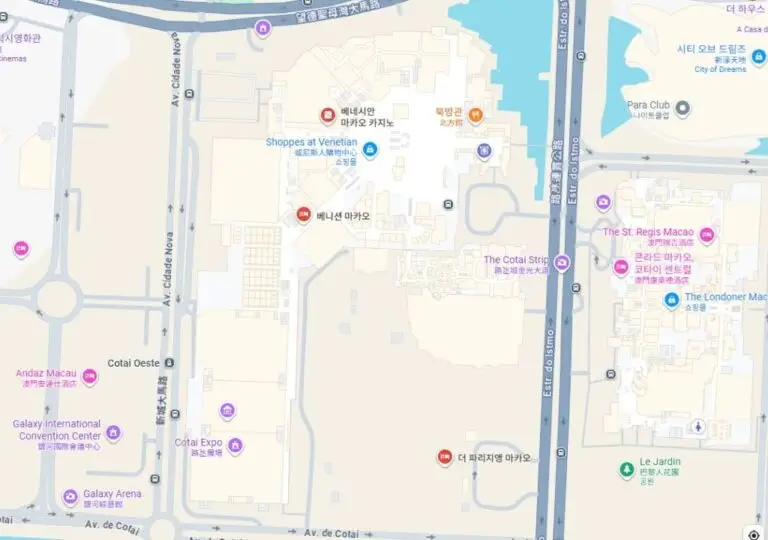 더 베네치안 마카오 위치 지도, 코타이 스트립 주변 리조트 표시