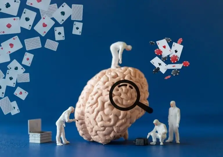 도박 중독의 원인을 탐구하는 이미지 — 인간의 뇌와 카드, 칩, 연구자 모형을 통해 생물학·심리·환경 요인을 시각적으로 표현