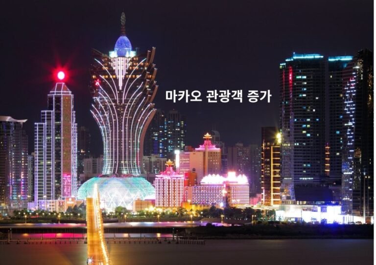 마카오 관광객 증가|2025년 황금연휴 기간 카지노 리조트 야경과 관광객 유입 증가를 보여주는 이미지
