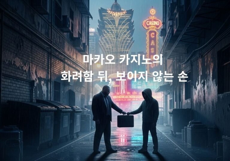 마카오 카지노 네온 거리에서 비밀스러운 거래를 나누는 두 인물, 카지노 산업의 이면을 상징하는 이미지