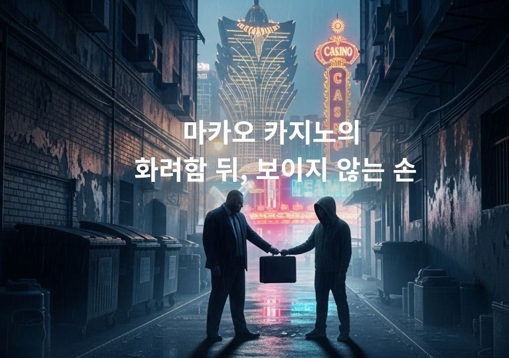 마카오 카지노 네온 거리에서 비밀스러운 거래를 나누는 두 인물, 카지노 산업의 이면을 상징하는 이미지