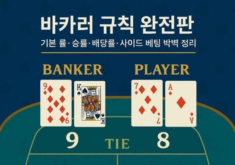 바카라 규칙 완전판 대표 이미지, 블루 톤 배경의 카지노 테이블 위에 뱅커와 플레이어 카드가 펼쳐진 장면, 점수 9 대 8 비교