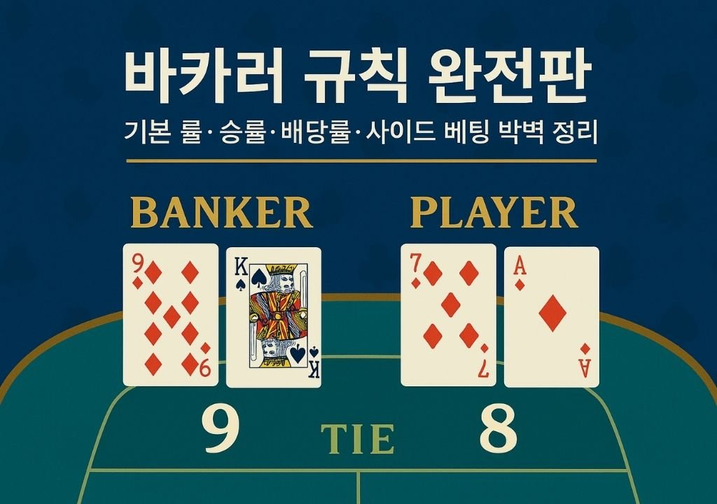 바카라 규칙 완전판 대표 이미지, 블루 톤 배경의 카지노 테이블 위에 뱅커와 플레이어 카드가 펼쳐진 장면, 점수 9 대 8 비교