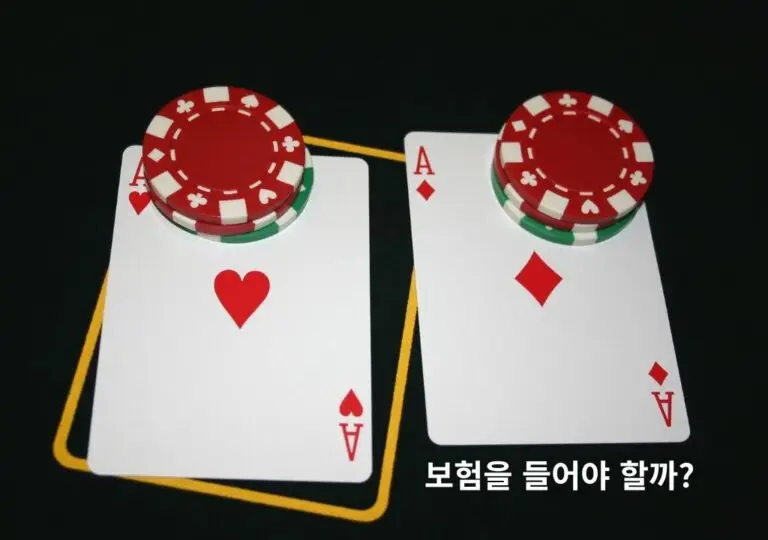 두 장의 에이스 카드 위에 칩이 올려져 있는 블랙잭 테이블, ‘보험을 들어야 할까?’라는 문구가 함께 표시된 이미지