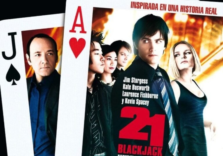 영화 21 포스터 — 블랙잭 카드(J♠와 A♥) 속 인물들이 등장하는 디자인