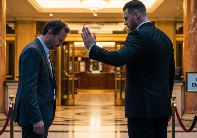 보안요원이 카지노 입구에서 한 남자의 출입을 제지하는 장면 ― 데이나 화이트의 카지노 출입정지를 상징하는 이미지