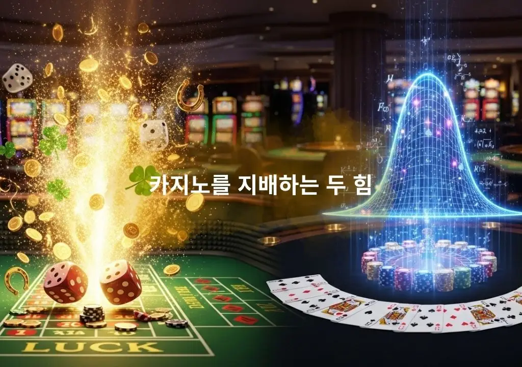 하우스 엣지를 상징하는 확률 그래프와, 주사위·네잎클로버가 흩날리는 ‘운(Luck)’의 이미지를 대비시켜 카지노를 지배하는 두 힘을 표현한 일러스트