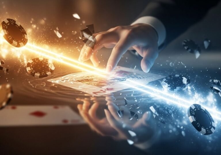 카지노 조명 아래 카드와 칩이 만들어내는 50대50 확률 착각을 표현한 심리적 이미지