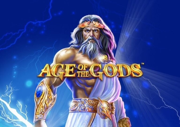 Playtech Age of the Gods 슬롯 게임의 신화 테마 캐릭터가 등장하는 파란색 일러스트 이미지