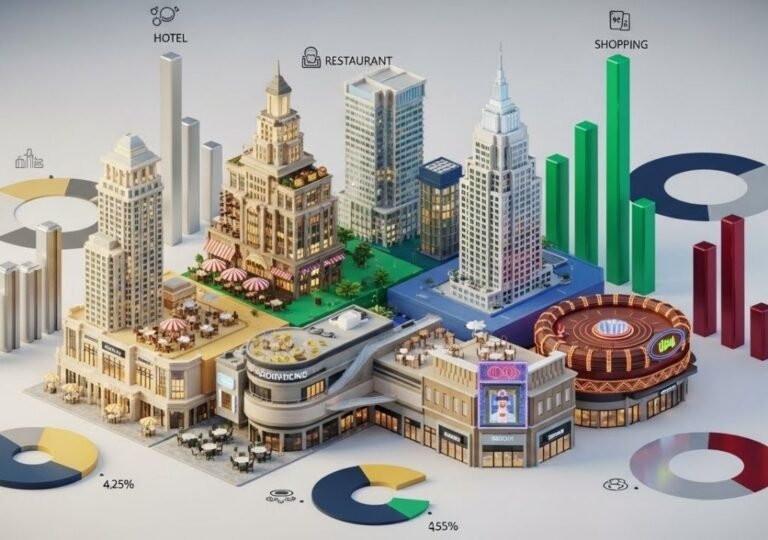 호텔과 쇼핑몰·레스토랑·카지노로 구성된 IR 리조트 수익 구조 3D 도시 이미지