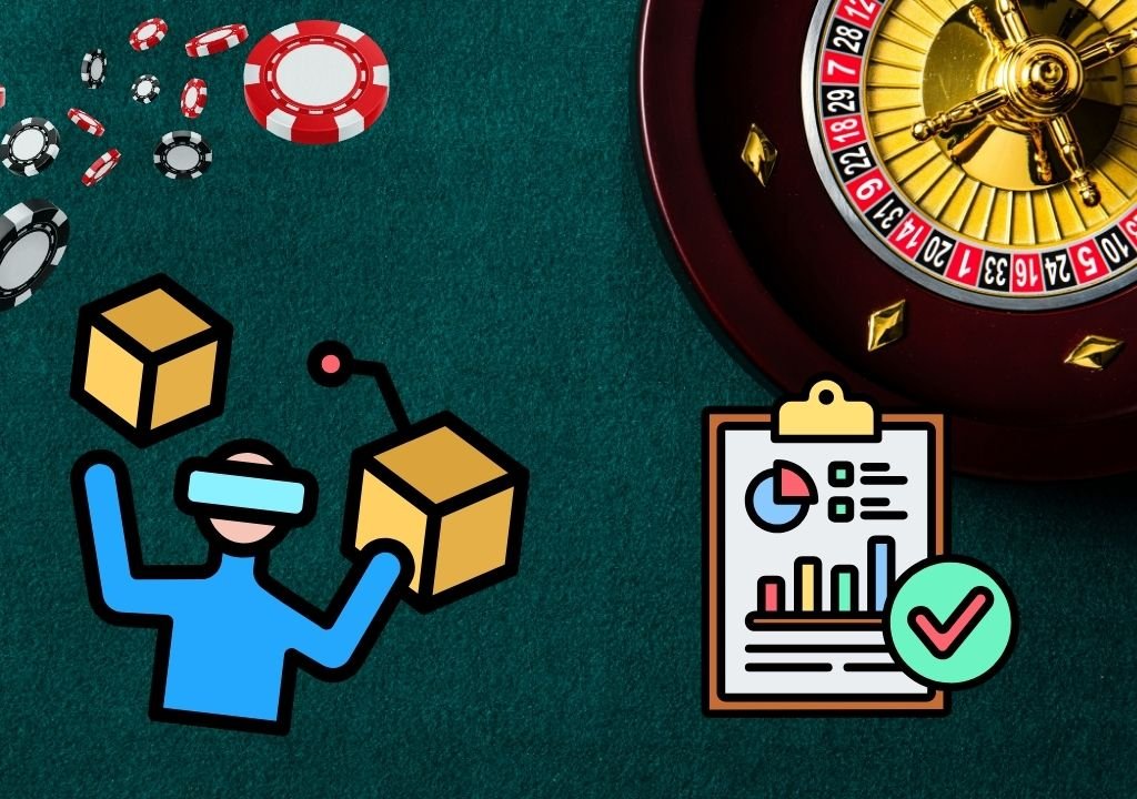 룰렛 확률 시뮬레이션을 표현한 이미지 — 룰렛 휠과 칩, 데이터 분석 아이콘이 포함된 그래픽