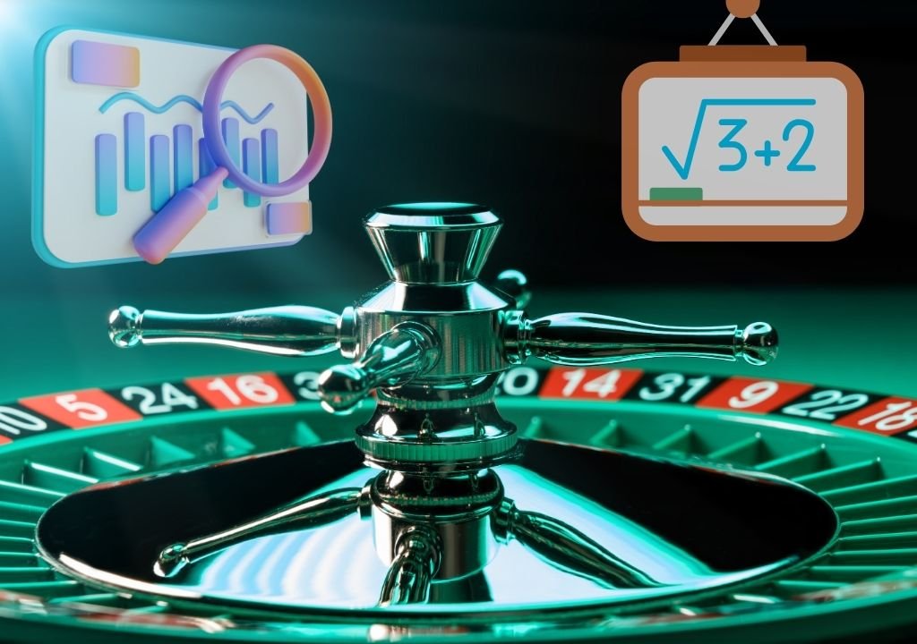 룰렛 확률 분석을 상징하는 그래픽 — 룰렛 휠과 데이터 차트, 수학 기댓값 아이콘이 포함된 이미지