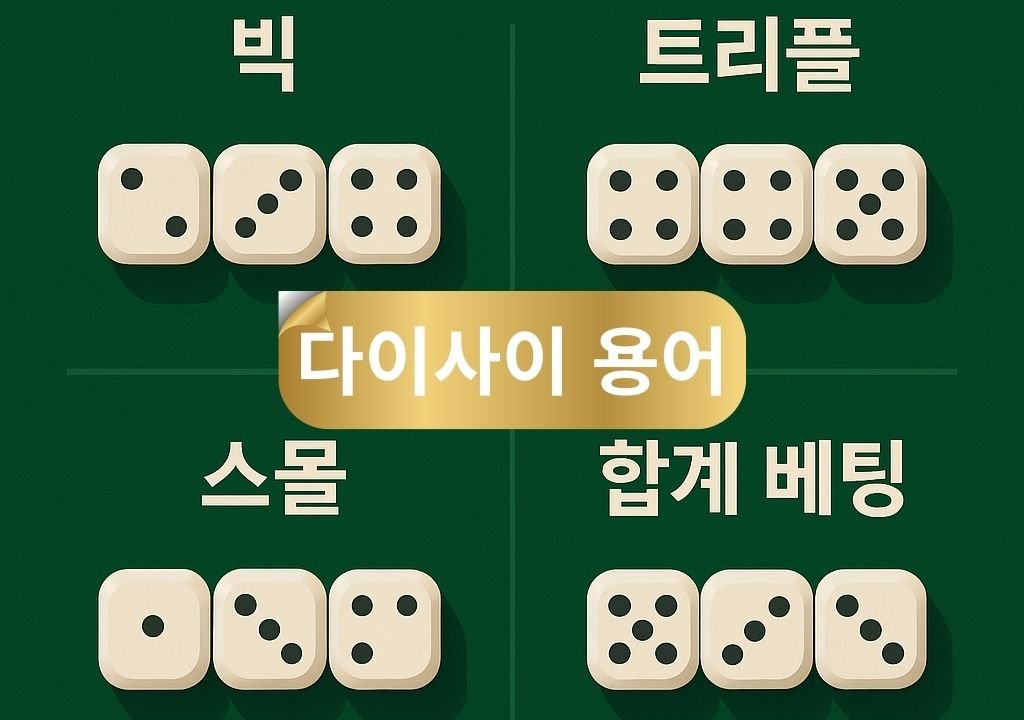 다이사이 용어를 보여주는 빅·스몰·트리플·합계 베팅 주사위 조합 이미지