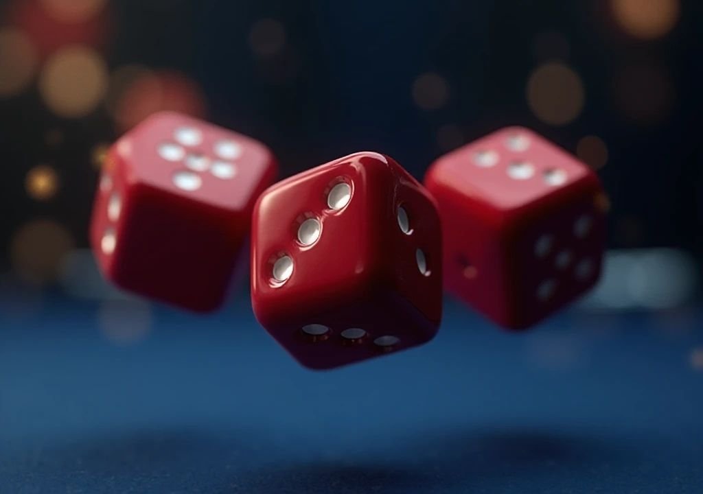 공중에서 회전하는 다이사이 주사위 세 개를 표현한 3D 렌더 이미지