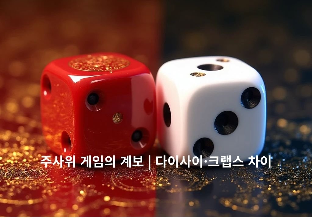 붉은 다이사이 주사위와 흰 크랩스 주사위가 카지노 테이블 위에서 마주 보는 이미지