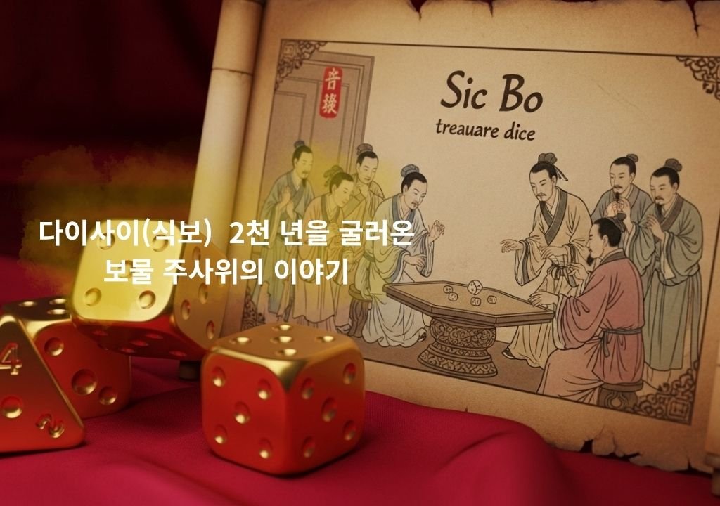 다이사이 식보 주사위 3D 일러스트 — 보물 주사위의 상징