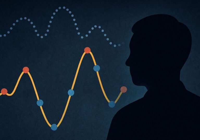 단기 기울기를 상징하는 파동형 그래프와 이를 관찰하는 사람의 실루엣을 표현한 3D 개념 일러스트