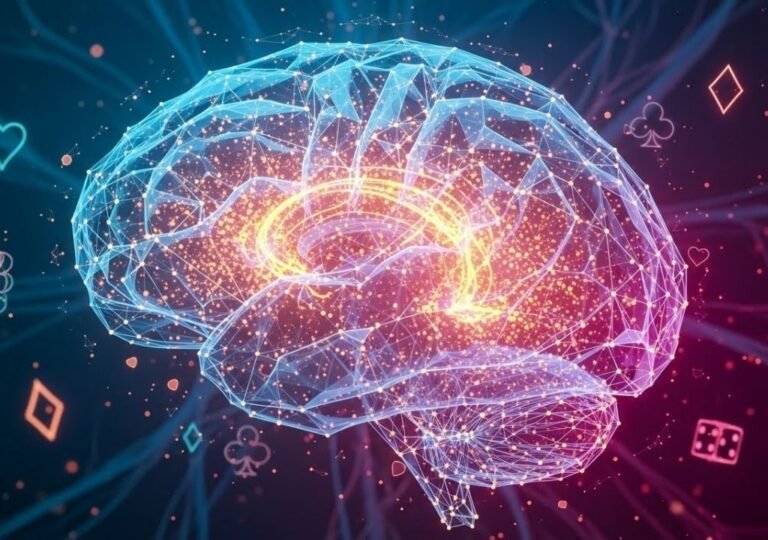 도파민 보상 회로를 표현한 3D 뇌 신경망 이미지와 카지노 심볼 배경