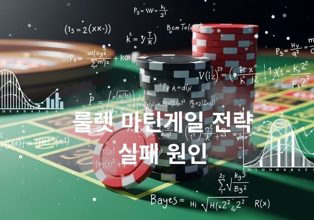 룰렛 테이블 위 칩과 확률 그래프가 겹쳐진 룰렛 마틴게일 전략 실패 시각화