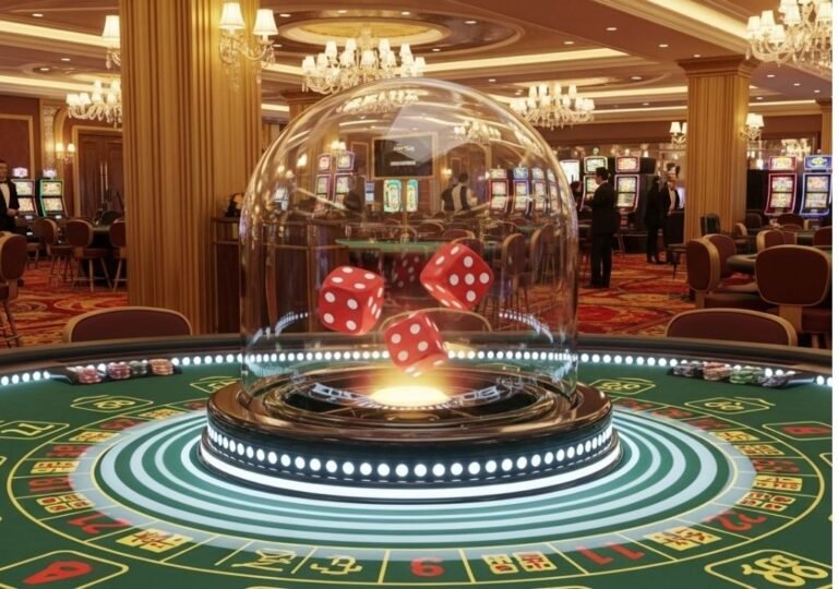 마카오 카지노 식보 셰이커가 빛나는 장면 3D 일러스트