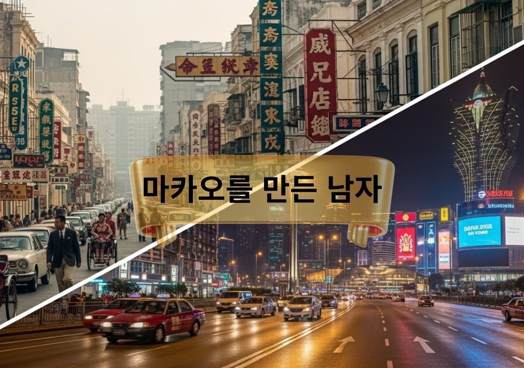 스탠리 호가 만든 마카오의 변화가 드러나는 이미지로, 1960년대 구도심과 현재의 카지노 도시 모습을 대비해 보여주는 대표 사진