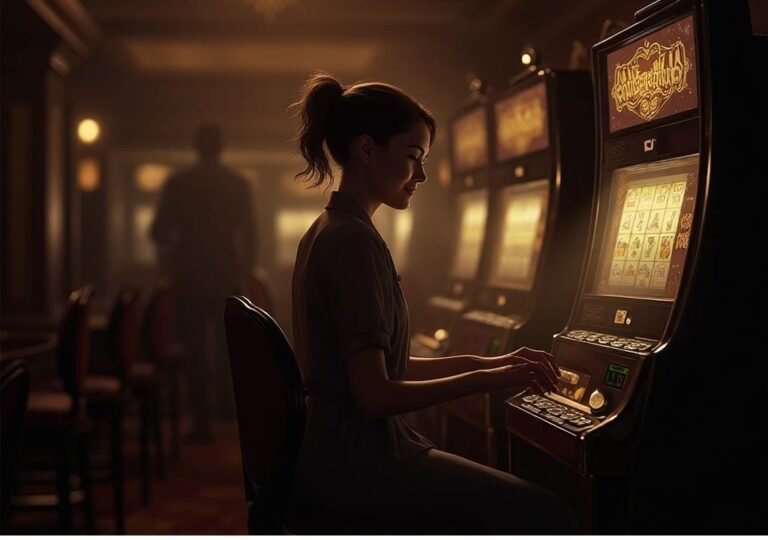 슬롯머신 앞에서 게임을 멈추는 플레이어의 모습