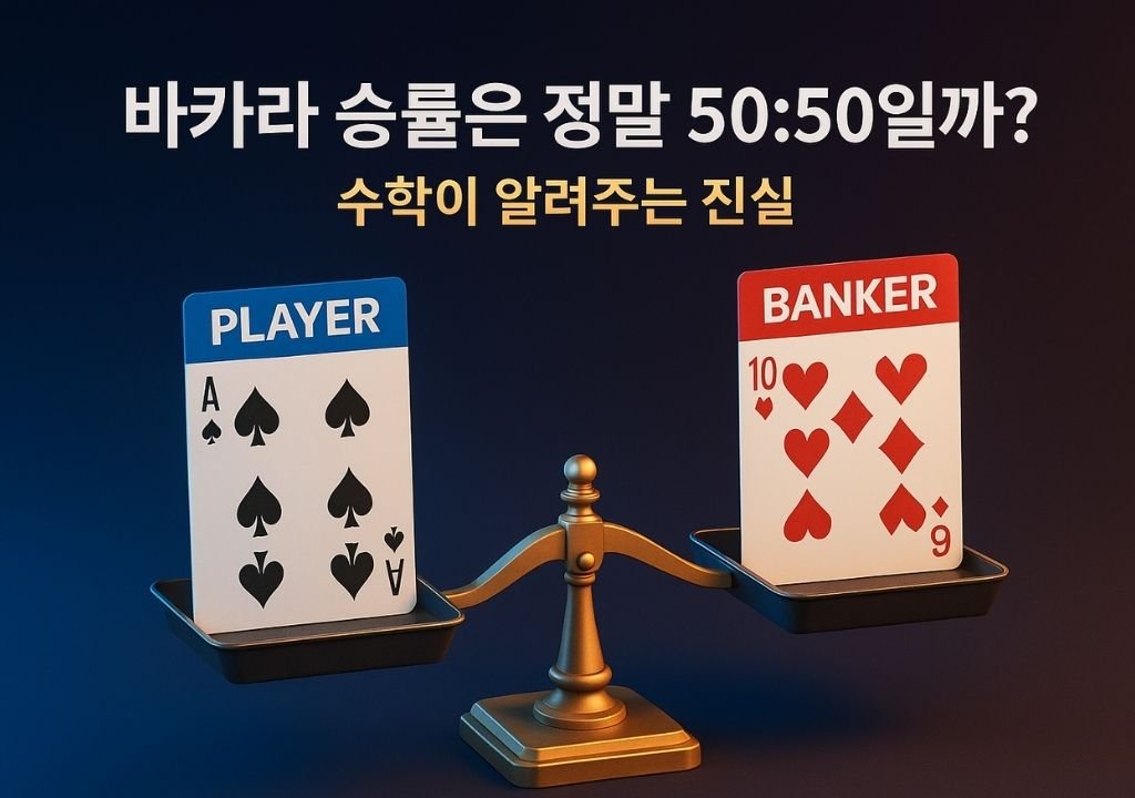 바카라 승률 50대50 착각을 표현한 균형저울 위 카드 일러스트 — 뱅커가 미세하게 유리한 확률 구조