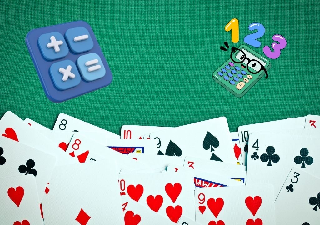 여러 장의 숫자 카드가 펼쳐지고 계산 아이콘이 함께 배치된, 바카라 카드 점수 계산을 나타내는 이미지
