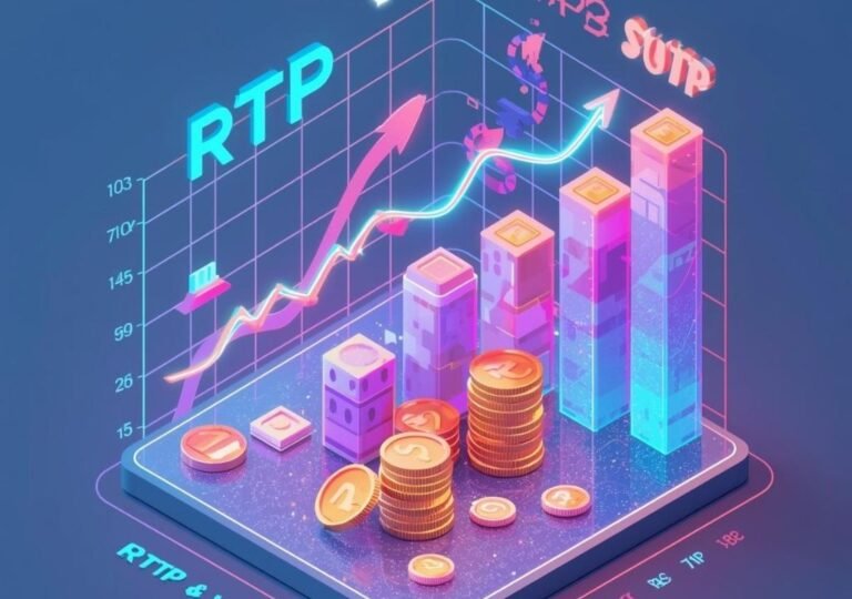 슬롯머신 RTP 그래프와 코인 스택으로 구성된 베팅량·확률 구조 3D 이미지