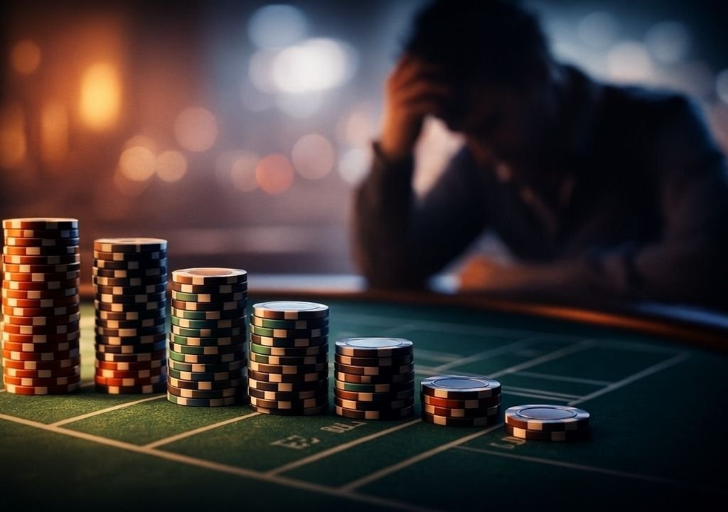 본전 회복을 고민하는 플레이어의 심리적 긴장을 보여주는 3D 일러스트