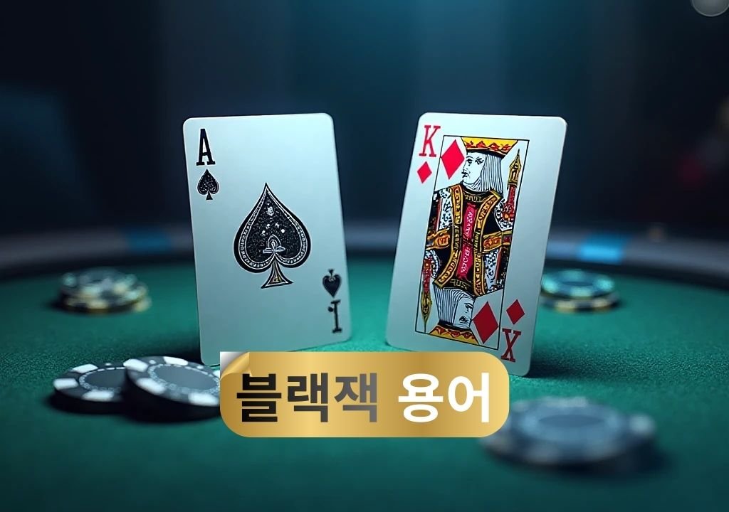 블랙잭 A·K 카드와 칩으로 구성된 블랙잭 용어 안내 대표 이미지