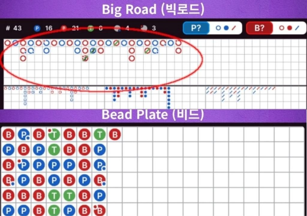 빅로드와 비드플레이트를 비교하여 표시한 바카라 로드맵 이미지로, 플레이 결과가 패턴처럼 보이는 착시 구조를 설명하는 예시 화면