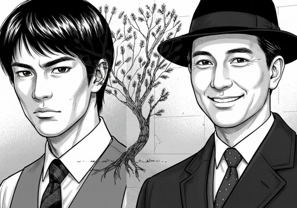 스탠리 호와 이소룡의 가족적 연결성을 상징적으로 표현한 일러스트로, 두 인물의 만화풍 모습과 중앙의 가족 트리 그림이 호퉁 가문의 친족 구조를 나타내는 이미지