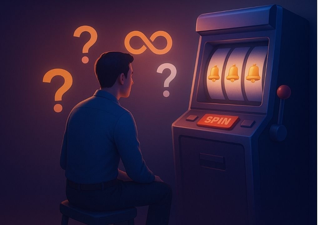 슬롯머신 확률 착각과 심리적 오해를 표현한 시각적 이미지