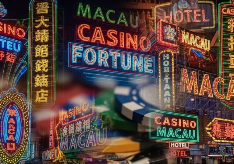 마카오 카지노 거리의 네온사인과 겹쳐진 칩 실루엣, 영화 한 장면 같은 시네마틱 이미지