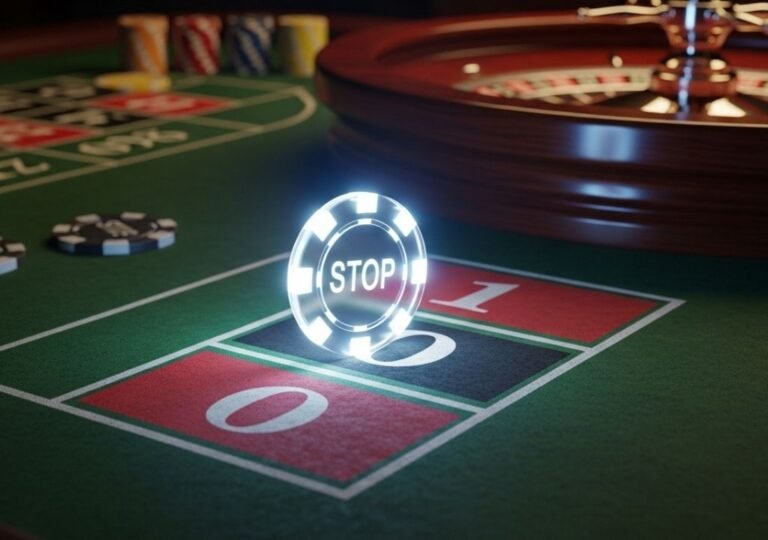 룰렛 테이블 위 멈춰 선 칩과 스톱 신호 이미지