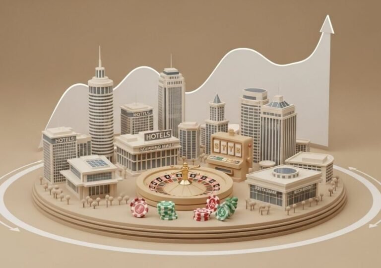 룰렛과 슬롯머신, 호텔·쇼핑몰이 함께 표현된 카지노 산업 전체 구조 3D 인포그래픽