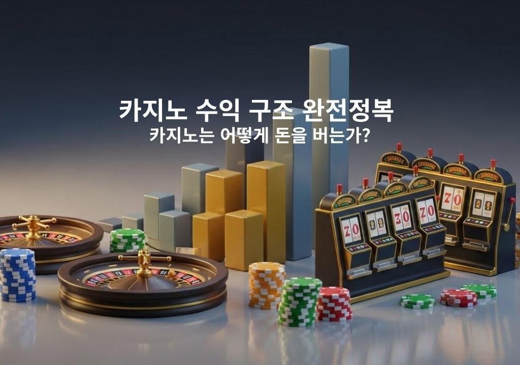 카지노 수익 구조를 상징하는 룰렛·슬롯머신·칩·그래프가 배치된 3D 일러스트