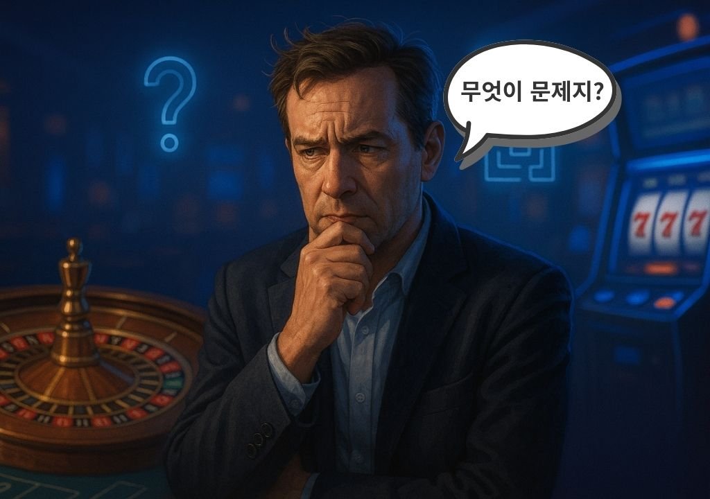 카지노 중독이 어떻게 시작되는지 보여주는 장면을 표현한 일러스트로, 카지노에서 혼란과 고민에 빠진 플레이어의 심리를 시각화한 이미지
