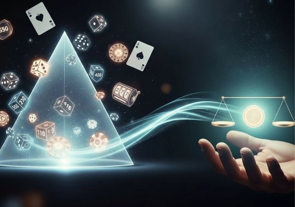 스탠리 호가 강조한 책임 있는 플레이의 철학을 상징하는 이미지로, 카지노 확률 구조를 나타내는 피라미드와 균형을 의미하는 저울, 그리고 이를 지켜보는 손의 모습