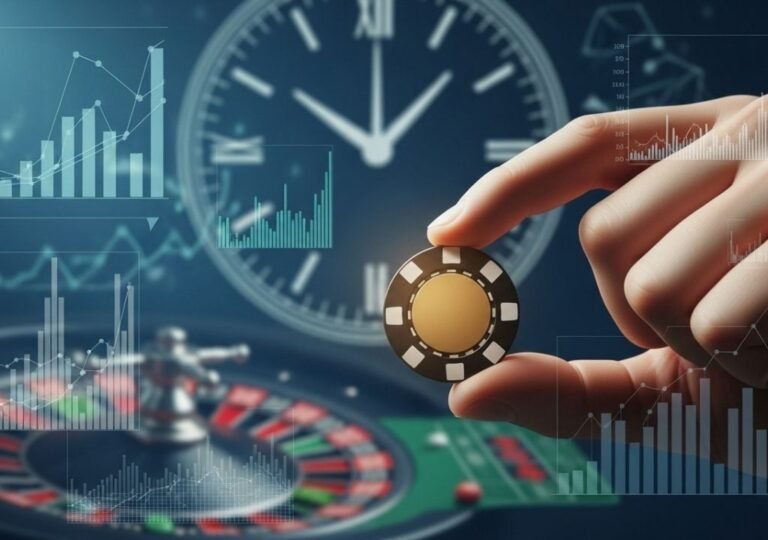 카지노 칩을 쥔 손과 확률 그래프가 겹쳐진 일러스트 이미지