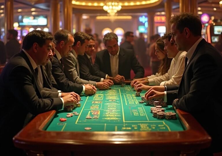 “여러 명의 플레이어가 카지노 테이블에서 주사위를 던지며 크랩스 게임을 즐기는 장면”