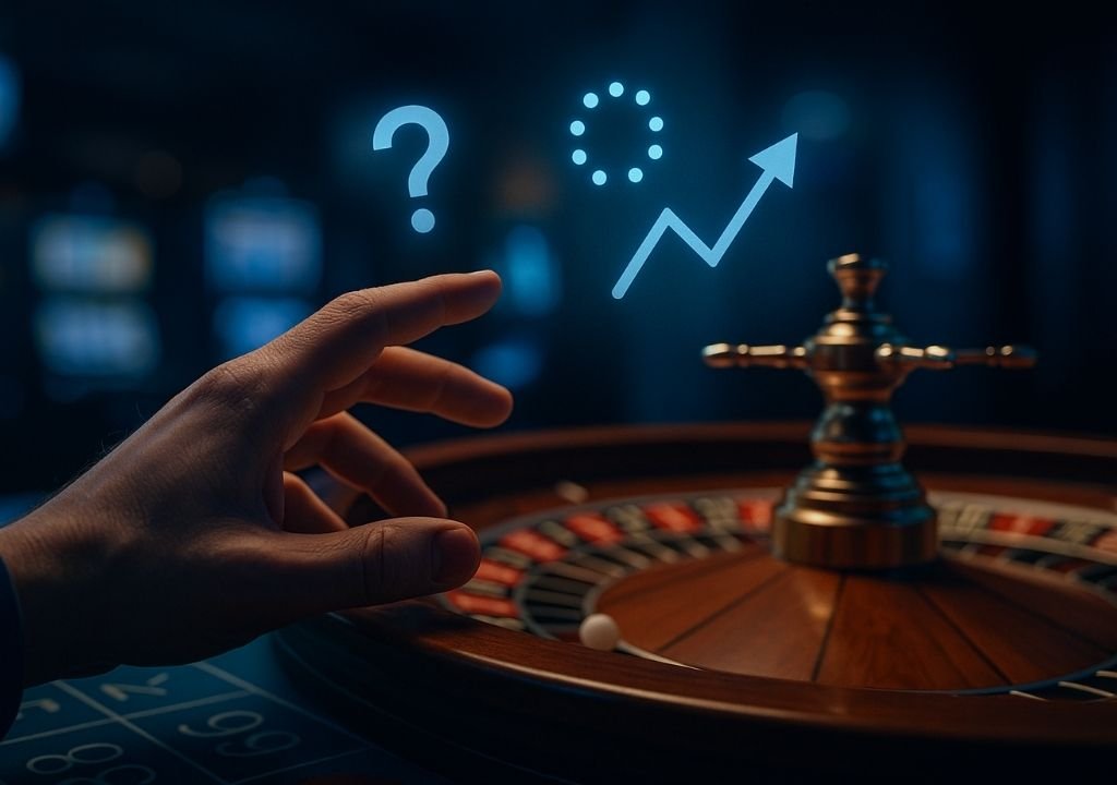 룰렛 휠 앞에서 통제감을 느끼는 플레이어의 심리학적 착각을 표현한 3D 이미지