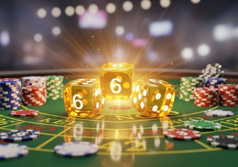 텍스트: 식보 트리플 식스 결과 장면 — 황금빛 주사위 세 개 3D 일러스트