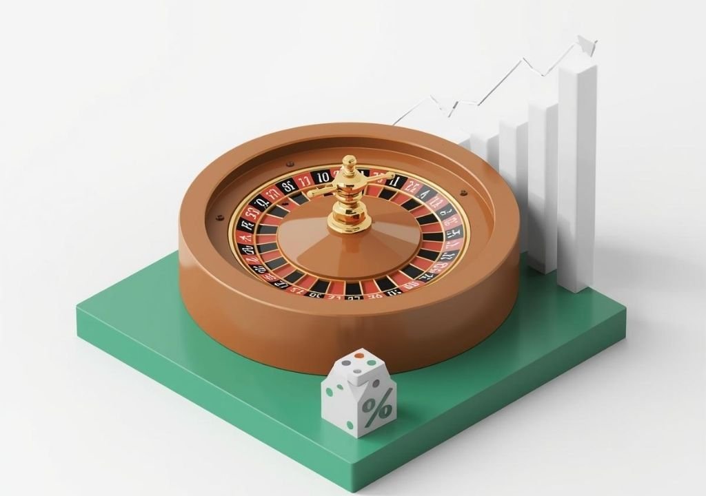 룰렛과 퍼센트 주사위, 상승 그래프가 배치된 카지노 하우스 엣지 개념 3D 이미지