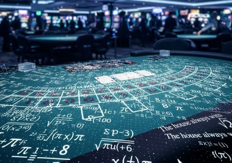 확률 공식과 기대값 계산식을 배경으로 한 카지노 테이블 이미지 — 하우스 엣지가 작동하는 구조를 시각화한 장면