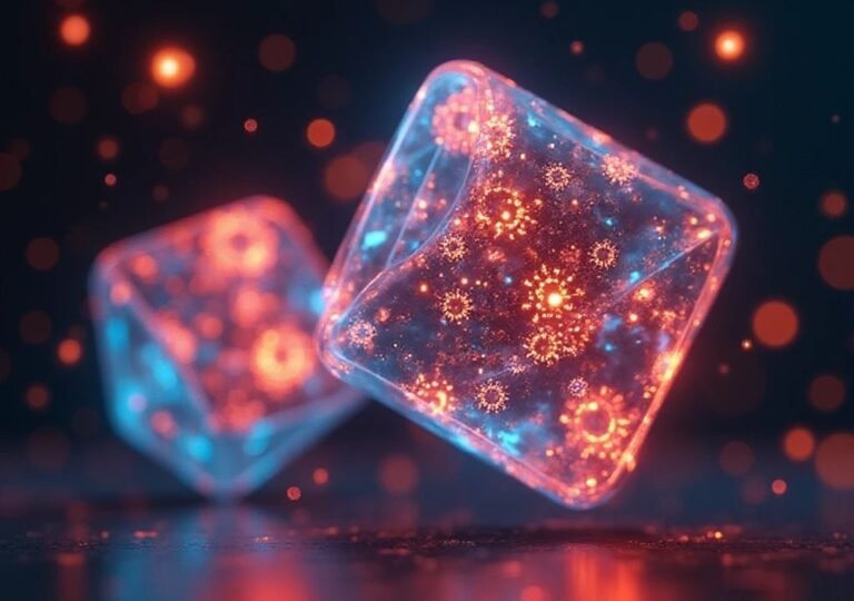 “공중에 떠 있는 주사위가 확률과 운을 상징하는 일러스트”