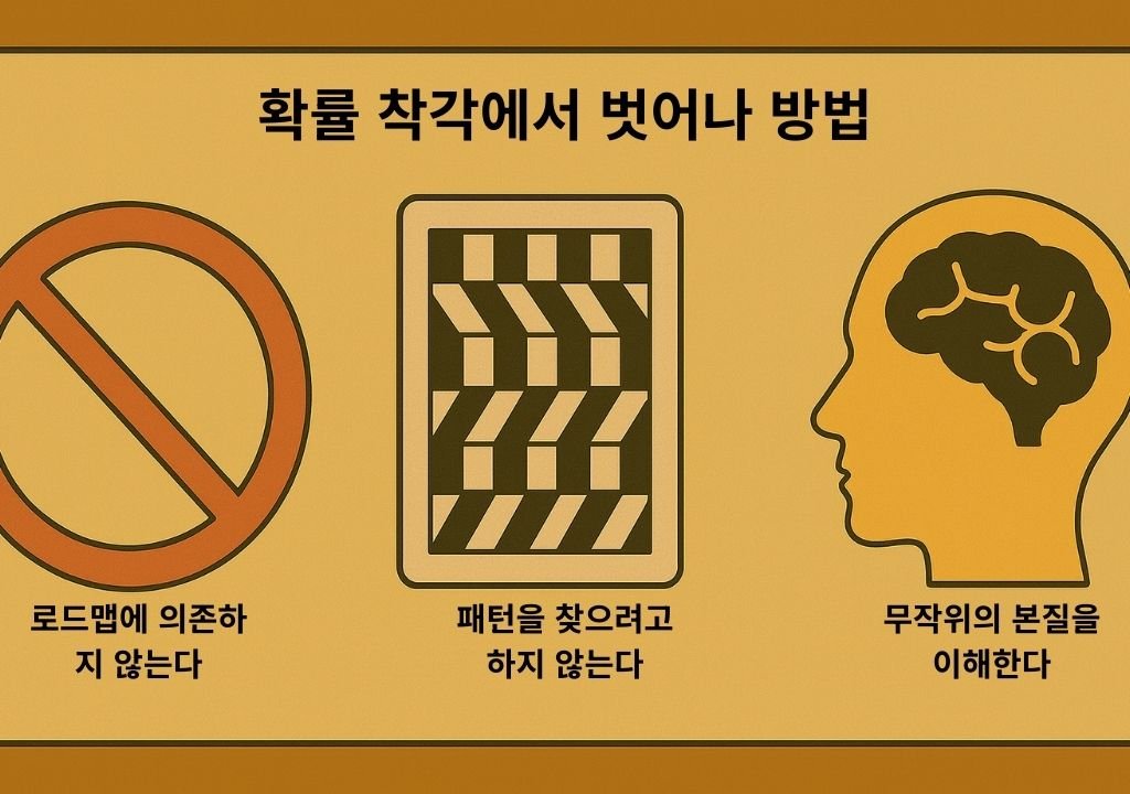 바카라 확률 착각에서 벗어나기 위한 사고 전환을 표현한 인포그래픽 이미지