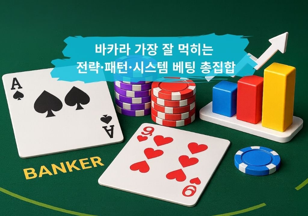 바카라 베팅법을 표현한 3D 카지노 테이블 – 카드, 칩, 그래프가 배치된 전략·패턴·시스템 베팅 이미지